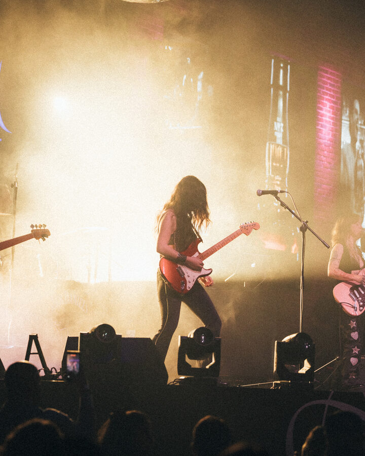 Silhouetted in the smoke and backlight mid-set